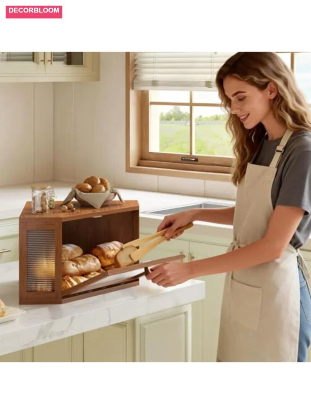Corner Bread Box Bamboo Storage Acrylic Wavy Door